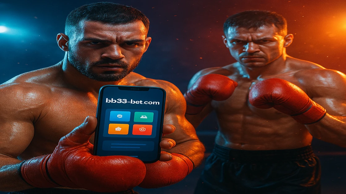 bb33 গেমিং প্ল্যাটফর্মে দুই শক্তিশালী বক্সার লড়াইয়ের ভঙ্গিতে দাঁড়িয়ে; একজন স্মার্টফোন ধরেছেন এবং গেমিং অ্যাপটি আলোকিত স্টেডিয়াম পটভূমি দেখাচ্ছে।