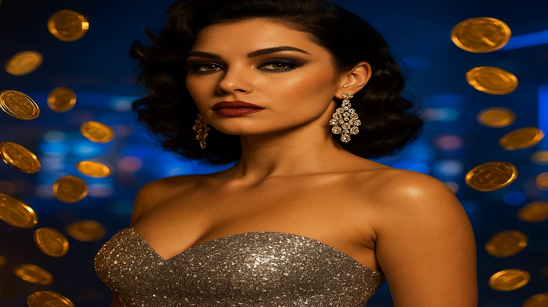 একজন জাঁকালো নারী, ঝলমলে পোশাকে, উড়ন্ত সোনার মুদ্রা ও জ্বলন্ত bb33-গেমিং প্ল্যাটফর্ম-থিমযুক্ত পটভূমির সামনে।
